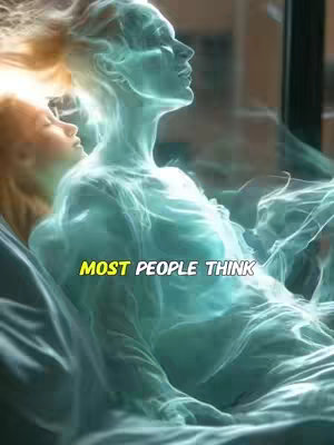 An AI-generated art piece shows two ethereal figures emerging from a bed. The figures are semi-transparent and glowing, with a misty, dreamlike effect. One figure has long, flowing hair, while the other appears to be younger. Text, in a yellow and black color scheme, appears at the bottom to convey the hook of the video.