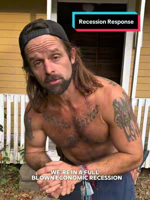 A shirtless man with tattoos and a backwards hat is the focus, set against a yellow house. Text overlays present a financial warning.