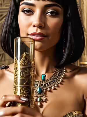 A digital rendering of what appears to be Cleopatra holding a gold-colored, ornate object resembling a chalice. She is facing forward, with a soft, warm skin tone. The background features a wall with hieroglyphic-like patterns. She wears a dark bob with bangs and gold jewelry, including a large necklace.