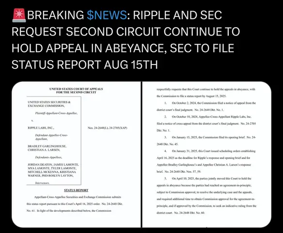 The image is a screenshot of a document, likely a legal filing or court document. The top of the image has black text on a white background. The text announces "BREAKING NEWS" related to Ripple and the SEC. The body of the image features white text. The document has official looking fonts.