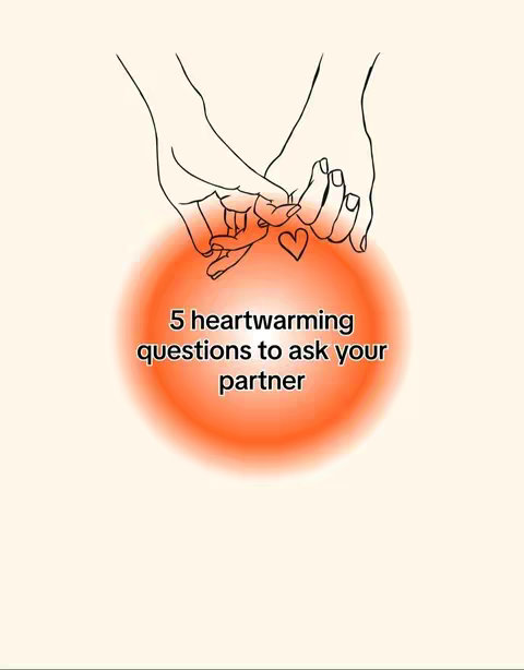 The image features a cream-colored background with minimalist line art depicting two hands clasped together, with pinky fingers intertwined. A small heart is drawn between the clasped fingers. Beneath the hands, a glowing orange circle provides a backdrop for the text overlay. The text reads "5 heartwarming questions to ask your partner" in a simple, clean font.