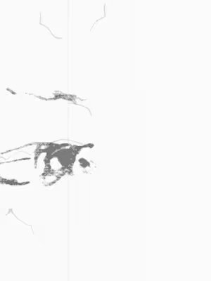 An abstract, grayscale image predominantly white with dark gray and black amorphous shapes. The shapes are clustered on the left side, and a thin vertical line separates the left from the right.