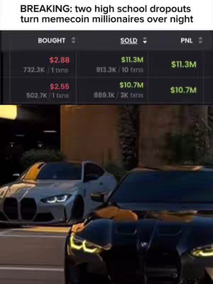 The image shows a screencap of a financial data display, possibly a crypto trading app, overlaid on a background showing two luxury vehicles. The text on the display shows "BOUGHT," "SOLD," and "PNL" (Profit and Loss) columns with financial figures. The background displays two BMW M4 class cars in a parking lot or similar urban setting.