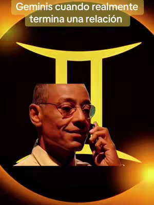 The image features a man wearing glasses and a light-colored shirt, holding a phone to his ear. He is set against a background with a Gemini symbol in gold on black, and the text overlayed on top with the text "Geminis cuando realmente termina una relación". The overall tone is serious and meme-like.