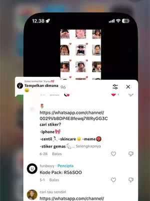The cover image uses a screenshot of a phone displaying a sticker collage on a white background and a comment section below. In the background, there's a dark mode phone screen showing a sticker grid with several pictures. The foreground shows a comment thread with one primary comment and additional interaction elements. The layout is clean, with distinct areas for the phone screen, comment section, and a clear text overlay.