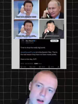 The image is a split-screen of several elements. The top portion features four images: two side-by-side photos of Asian men holding phones, one appearing to be Chinese President Xi Jinping and the other, Kim Jong Un. Below these images, another image is displayed which contains a Twitter post from Elon Musk. Also, a lower third of a person is shown to give live commentary.