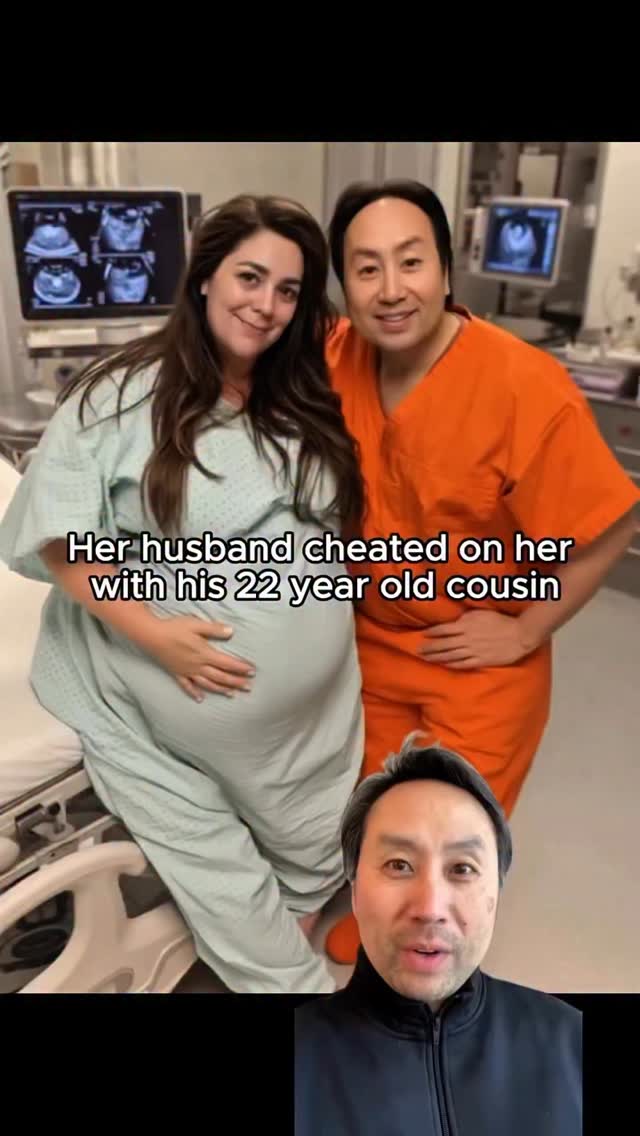 A pregnant woman in a hospital gown stands with a man in orange scrubs. The image has a video overlay of another man's face in the bottom right corner.