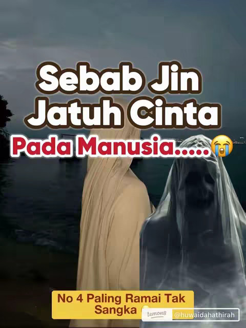 The cover image has a dark, blurred background of a sea or lake at dusk or night. In the foreground are two figures, one in a light beige garment and the other in a dark, shadowy, translucent covering, possibly meant to represent spirits. The text overlay in stylized, bold, white and brown font reads "Sebab Jin Jatuh Cinta Pada Manusia...." indicating this video is talking about demons falling in love with humans.