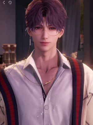 The image features a person with purple hair, wearing glasses, and a white collared shirt with a gold necklace. A jacket with red and blue stripes hangs over their shoulders. The background is slightly blurred, giving focus to the figure.