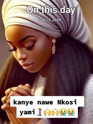 A digitally enhanced image of a woman is seen from the chest up, focused on her face. She has dark skin, and wears a light headscarf that covers most of her hair. Her eyes are closed and her head is slightly bowed, suggesting a posture of prayer. She wears earrings and her hands are clasped together, with her fingers interlaced and held near her chest. The background is blurred, creating a soft surrounding that highlights the woman's face. At the bottom of the image, text is displayed with emojis.
