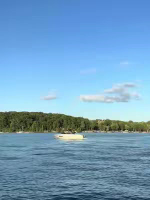 A serene landscape featuring a calm blue lake under a clear, bright blue sky. In the mid-ground, a lush green treeline borders the water, above which only clear and bright blue sky is depicted. A boat is sailing on the water. The composition feels peaceful and open, highlighting the natural beauty of the scene.