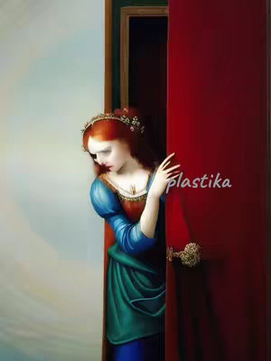 An artistic painting with a woman peering out from behind a red door. The woman has red hair, a floral headpiece, and is dressed in historical attire. The door is framed on the left by a light blue background.