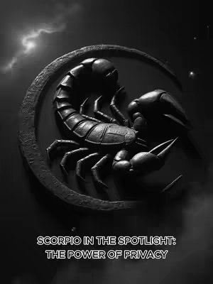 A grayscale, artistic rendering featuring the Scorpio zodiac symbol. A detailed scorpion, rendered with high contrast, sits inside a stylized crescent moon. The background is dark with subtle cloud and star-like elements, adding depth. The text overlay at the bottom reads 'SCORPIO IN THE SPOTLIGHT: THE POWER OF PRIVACY'.