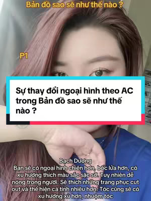 A selfie-style image showing a woman's upper body. The top of her head and shoulders are visible, with her face prominently displayed in the center. She has light skin and straight, reddish-brown hair. The background is blurred, featuring a variety of colors and textures. Text overlays are present on the image, including a question, an identifier (P1), and text about the zodiac sign of Aries.