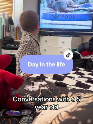 A young boy in a plaid shirt stands in front of a TV, facing it. The TV shows a graphic with the words "THE POOL". A purple oval graphic with the words "Day in the life" overlays the image. Additional text, in a white sans-serif font, reads "Conversations with a 5 year old". The background includes furniture such as drawers and a bed with a black and white patterned blanket, and a red stuffed animal.