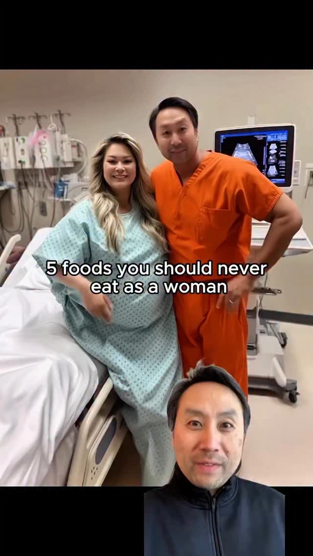 The cover image presents a split view. The upper portion features a man and a woman, likely in a hospital setting. The woman, who appears to be pregnant, is wearing a hospital gown and is smiling, and the man, dressed in scrubs, stands next to her. In the lower portion, there's a self-shot of the man's face. Overlay text states "5 foods you should never eat as a woman."
