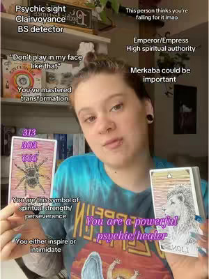 The cover image features a person holding tarot cards and looking at the camera. Text overlays add information about the person's perceived abilities.