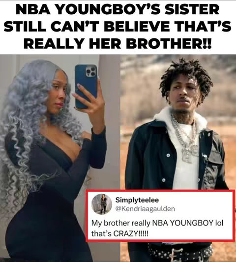 The image is a split view, likely of a meme or a social media post. On the left, a young woman with long, wavy gray hair and a black dress is taking a selfie with a phone in front of a mirror. On the right, a young man with short, black, curly hair, a black jacket over a white hoodie, and a silver chain is looking at the camera. Above the images is large black text that reads "NBA YOUNGBOY'S SISTER STILL CAN'T BELIEVE THAT'S REALLY HER BROTHER!!". Below, a red box contains a screenshot of a tweet from Simplyteelee (Kendriaagaulden) which reads: My brother really NBA YOUNGBOY lol that's CRAZY!!!!!