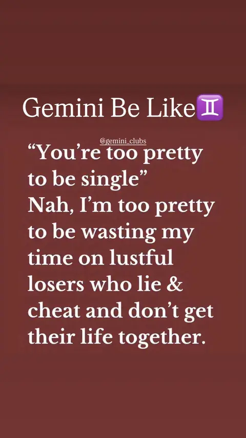 The cover image features text on a maroon background, with a decorative Gemini symbol at the top. The text states a quote about Geminis and relationships in a bold white font, and includes the Instagram handle @gemini_clubs.