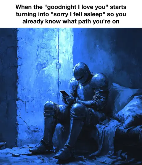 The image is a digital artwork depicting a knight in full armor seated on a bed or bench inside a stone chamber. The color palette is monochromatic blue. The knight is holding a smartphone, likely texting or checking notifications. The style is reminiscent of a painting, with a focus on the play of light and shadow, creating a somber and reflective mood.