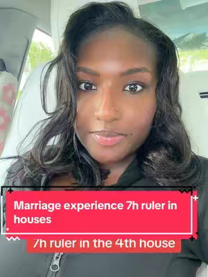 A woman with shoulder-length, wavy black hair. She has a nose piercing and is wearing a black top. The background shows a car interior. Text overlays in the image read: 'Marriage experience 7h ruler in houses' and '7h ruler in the 4th house'.