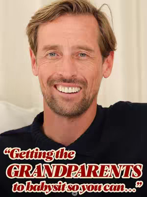 A headshot of a smiling man with short, light brown hair and a beard. He is wearing a dark blue sweater, and the background is a blurred off-white. Text overlayed on the bottom spells out "Getting the GRANDPARENTS to babysit so you can..." in an artistic, red and white style.