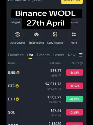 Screenshot of a Binance interface displaying trading data for various cryptocurrencies, overlaid with text announcing Binance WODL for April 27th.