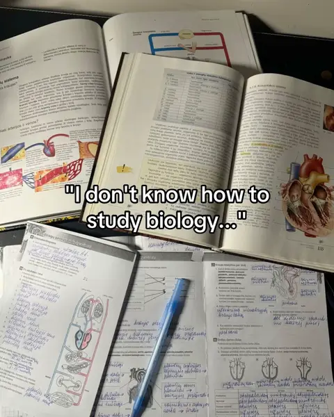 An overhead shot of an open textbook with anatomical illustrations alongside handwritten notes and other open books. A pen rests on the notes. The hook text overlays the image.