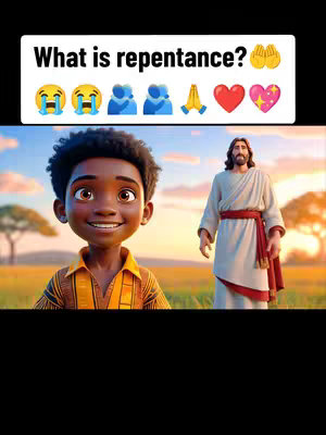 The image is a digital illustration. In the foreground on the left, there's a smiling, cartoon-like depiction of a young Black boy wearing a yellow and orange patterned short-sleeve shirt and dark hair, set against a plain background. To the right, a representation of Jesus stands in a white robe with a red sash. The background depicts a sunny landscape with a blue sky and grassy terrain, hinting at a field or meadow. Above, text reading 'What is Repentance?' is written in white. A series of emojis representing aspects of repentance, from crying faces to praying hands and hearts, is above the central figures.