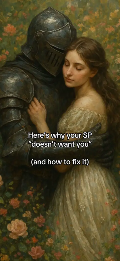 An excerpt from a classic painting, a knight in full armor embraces a woman tenderly in a flower garden. The knight's helmet obscures his face, while the woman rests her head on his shoulder. The foreground is filled with pink and red flowering plants in the background.