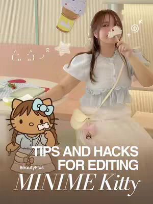 The cover image shows a young woman holding an ice cream cone in her mouth. She is situated in a light and colorful cafe setting. To the left, there's a cartoon depiction of Hello Kitty, dressed in a similar style to the woman. Adding to the theme, several decorative graphics, such as stars and ice cream, are scattered around the image. Overlayed at the bottom is text advertising tips and hacks for editing with a 'Minime Kitty' theme, with 'BeautyPlus' branding.