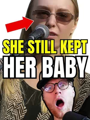 The cover image is a vertical split, showcasing two reaction faces. The upper half features a woman wearing sunglasses, her expression serious with a microphone. A red arrow points at her. The text overlay 'SHE ALREADY KEPT HER BABY' is placed over her. The lower half features a man with glasses, looking shocked, positioned below the woman.