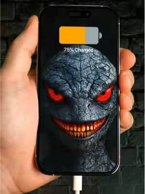 A hand holding a smartphone with a demonic creature displayed on the screen. The screen shows a grotesque reptilian face with glowing red eyes, an orange glowing mouth with sharp teeth, and a dark textured background. The phone itself is black with a silver border. At the top of the screen is a battery icon showing 75% charged.