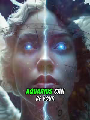 An image of a woman's face split down the middle, one side representing light and the other dark. Overlaid on the image is text 'Aquarius Can Be Your' in a green font.