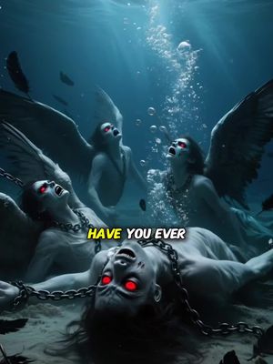 An underwater scene featuring several chained figures with angel wings and glowing red eyes, emerging from a murky depth. The figures, possibly fallen angels or demons, are surrounded by bubbles, with shafts of light filtering through the water. The central figure is lying down, while the others are reaching upwards in what appears to be a struggle or a plea.