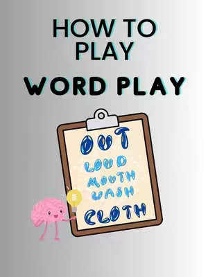 A graphic promoting a game called Word Play, with a whiteboard displaying the game's mechanics that sits over a gray and white gradient background, supported by a cartoon brain with an idea lightbulb.
