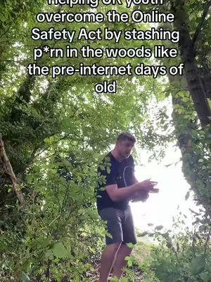 A medium shot shows a man in a wooded area, surrounded by trees and foliage. Overlaid text indicates the video's theme. The man is standing and holding some objects in his hands.