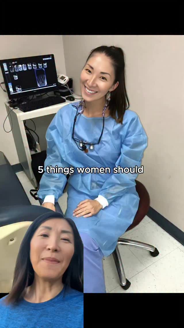 A split image shows a woman against a backdrop, with a split screen displaying the woman wearing a blue medical gown. The main image also shows a monitor displaying a set of teeth X-rays. In the bottom left, the woman's face is seen again from a closer perspective.