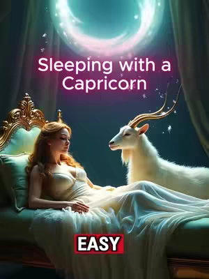 An AI-generated fantasy scene featuring a woman in an off-white dress reclining on a bed, with her head resting on a blue pillow. Beside her, a white goat with golden horns looks at her. Above the bed, is a bright circular light and the words "Sleeping with a Capricorn". In the bottom right of the image is a red and white rectangle saying "EASY".