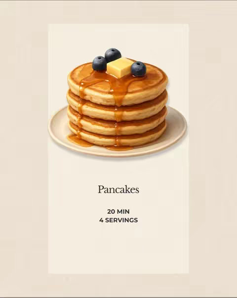 A stack of pancakes with syrup, blueberries, and a pat of butter on a white plate. Below the plate, a section gives the title 'Pancakes' along with the time and servings.