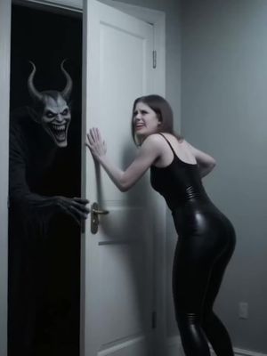A woman in a black outfit is pushing against a white door with a frightened expression. Behind the door, a menacing figure with horns and a sinister grin is reaching out. The scene has a dark, ominous tone.