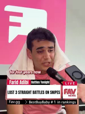A man with dark hair, wearing a pink shirt and a white towel draped over his head, is positioned centrally. He looks into the camera and speaks, a microphone is in front of him. The background features a pink speech bubble logo. Overlaid text includes phrases about battles and rankings. The composition is close-up around the face.