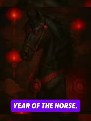 A dark, stylized image featuring a black horse. The horse is in profile, with its head turned slightly. It is set against a blurred background with red lanterns. A purple bar at the bottom reading 'YEAR OF THE HORSE.'