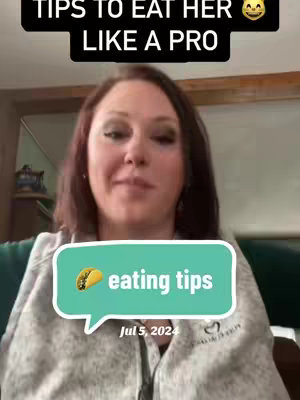 A woman with auburn hair smiles at the camera with text overlays. The top text says 'TIPS TO EAT HER' with a smiley face emoji at the end.