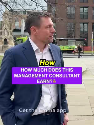 A man in a blue suit is standing on a sidewalk, looking to the side. Overlayed on the image is a banner with text inquiring about a management consultant's salary, and a call to action to download the Emma app.