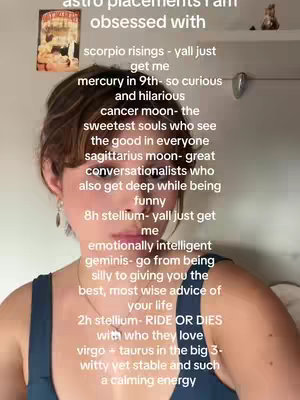 A young woman with brown hair in a blue top is centered in the frame. Text overlays describe astrological placements and their defining traits. The background is a neutral setting.