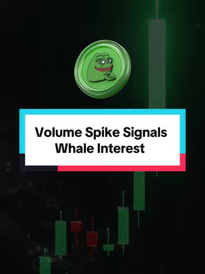 The cover image features a stylized Pepe the Frog coin floating against a dark background. Text overlayed in a colored box reads "Volume Spike Signals Whale Interest". The background has candlestick-style charts, indicating a financial or crypto-related context.