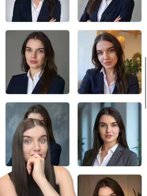 A collage of images showing a woman in business attire (blazer and white shirt) in various poses and settings, generated through AI.