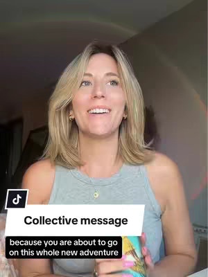 The cover image is of a woman with blonde hair smiling while looking towards the camera. A text overlay near the bottom describes a ‘Collective message’ with additional text underneath. Her background contains hints of light and shadows.