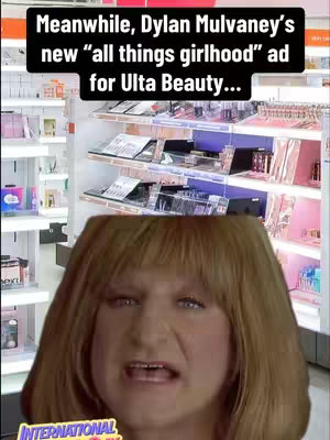 The image shows a person's face with blonde hair and makeup, overlaid on a background that is a Ulta Beauty store. Text overlays appear in black on the top portion.